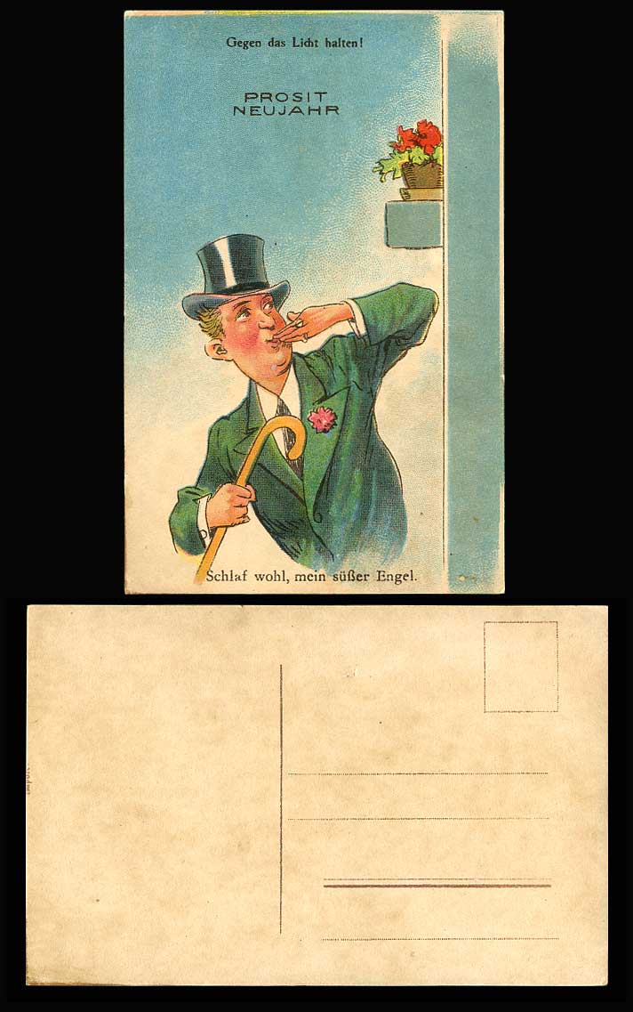 Hold To The Light Man Blowing a Kiss Hand Pour Watering Can Novelty Old Postcard