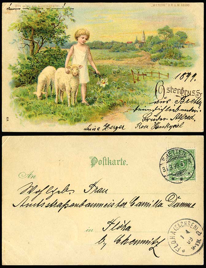 Hold To The Light Novelty 1899 Old Postcard Osteroruss, Lamb Sheep Boy Bells Sun