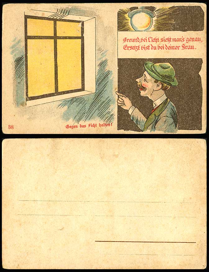 Hold To The Light Man Caught Wife & Man Kissing Novelty Humour Old U.B. Postcard