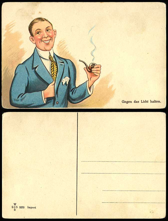 Hold To The Light Man Smoking Pipe Novelty Comic Humour Old Postcard HTL 1078