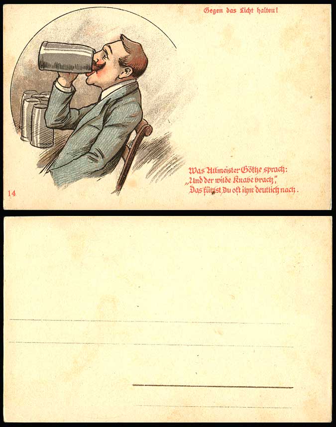 Hold To The Light Man Drinking Beer Vomiting Beer Mugs Novelty Old U.B. Postcard
