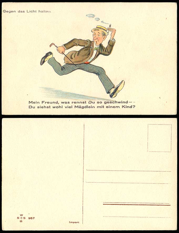 Hold To The Light Man Running Away from a Women with Babies Novelty Old Postcard