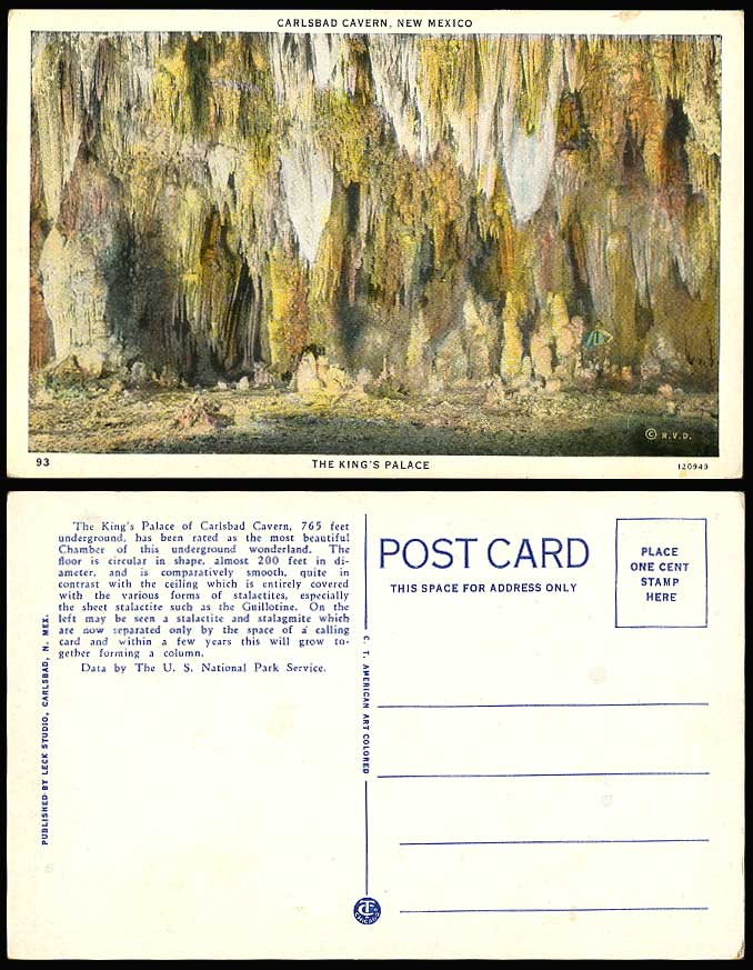 USA Old Postcard New Mexico Carlsbad Cavern, The King's Palace, Cave Stalactites
