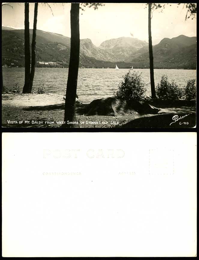 USA Old Real Photo Postcard Mt Baldy from West Shore of Grand Lake Colorado Boat