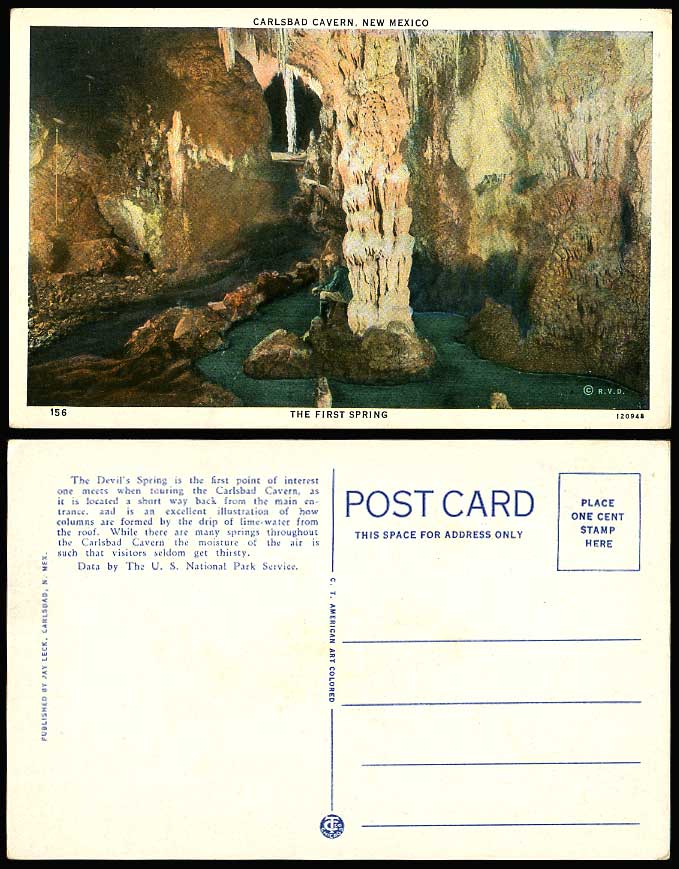 USA Old Postcard New Mexico Carlsbad Cavern The First Spring Devil's Spring Cave