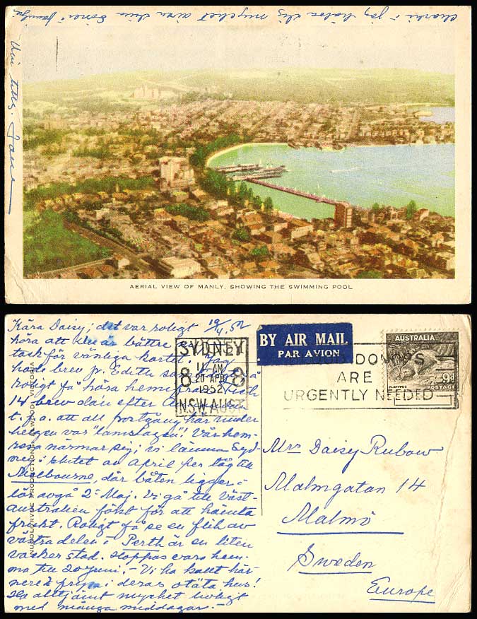 Australia 1952 Old Postcard Aerial View of MANLY, Showing Swimming Pool, Airmail