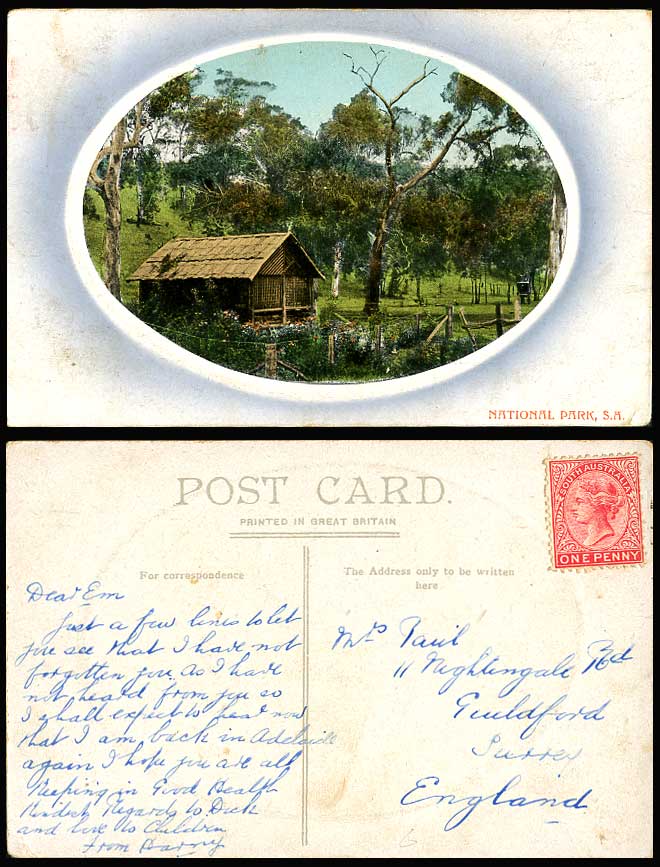 Australian South Australia Q.V. 1d on Old Colour Postcard National Park S.A. Hut