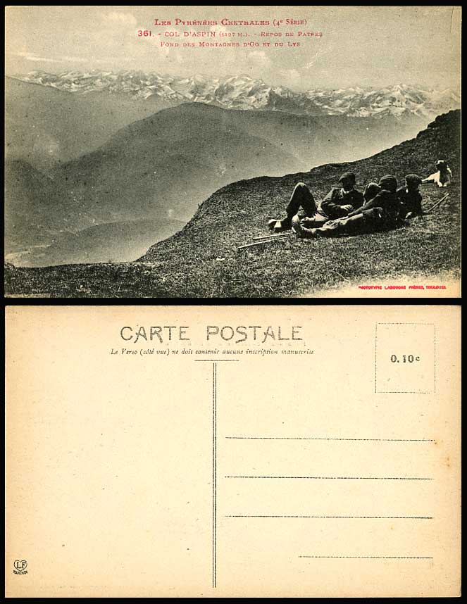 Les Pyrenees Centrales Col d'Aspin, Mountain Climbers & DOG Resting Old Postcard