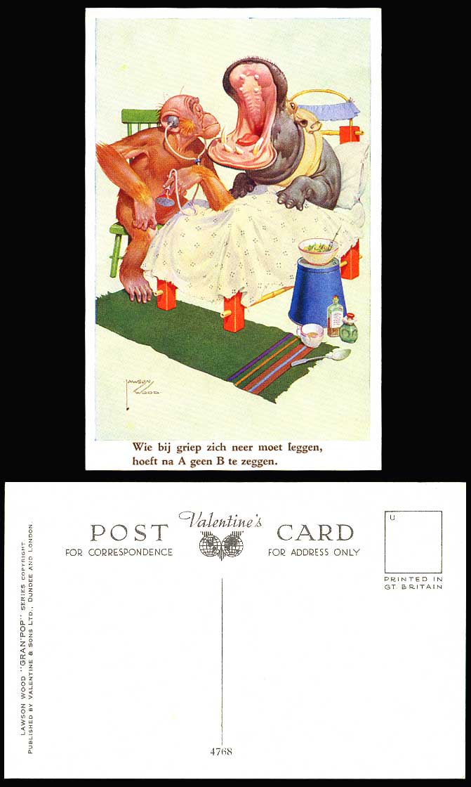 LAWSON WOOD Old Postcard Hippo Hippopotamus, Chimpanzee