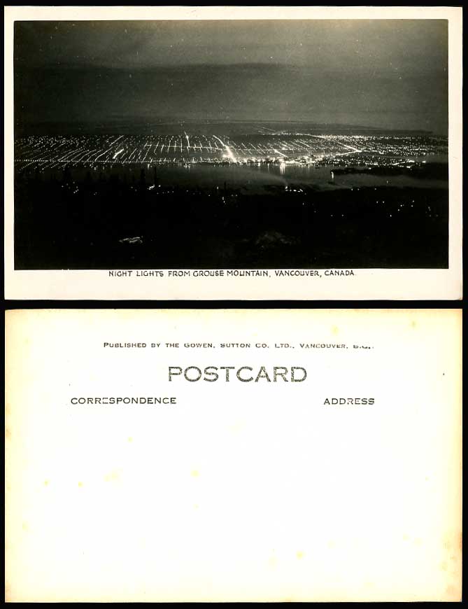 Canada Night Lights from Grouse Mountain Vancouver Old Real Photo Postcard Gowen