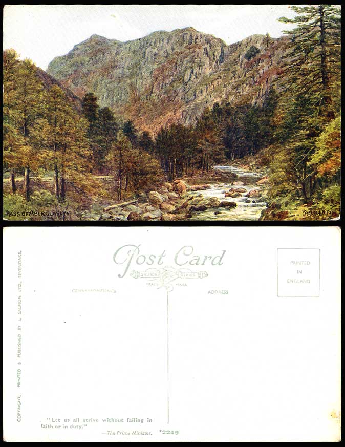 A.R. QUINTON Artist Signed Pass of Aberglaslyn Old Postcard River Scene Mountain