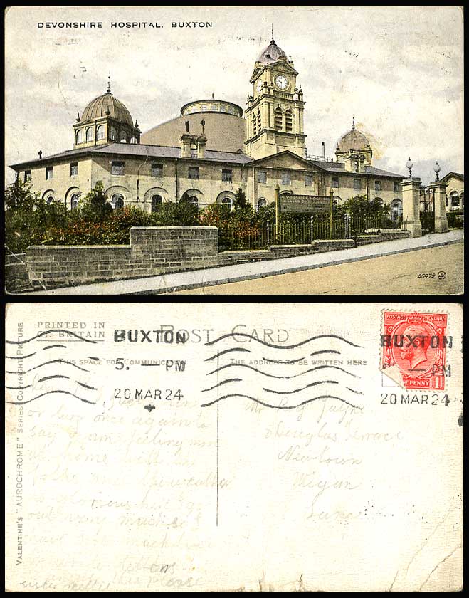 BUXTON - Devonshire Hospital & Clock Tower - 1924 Old Colour Postcard Derbyshire