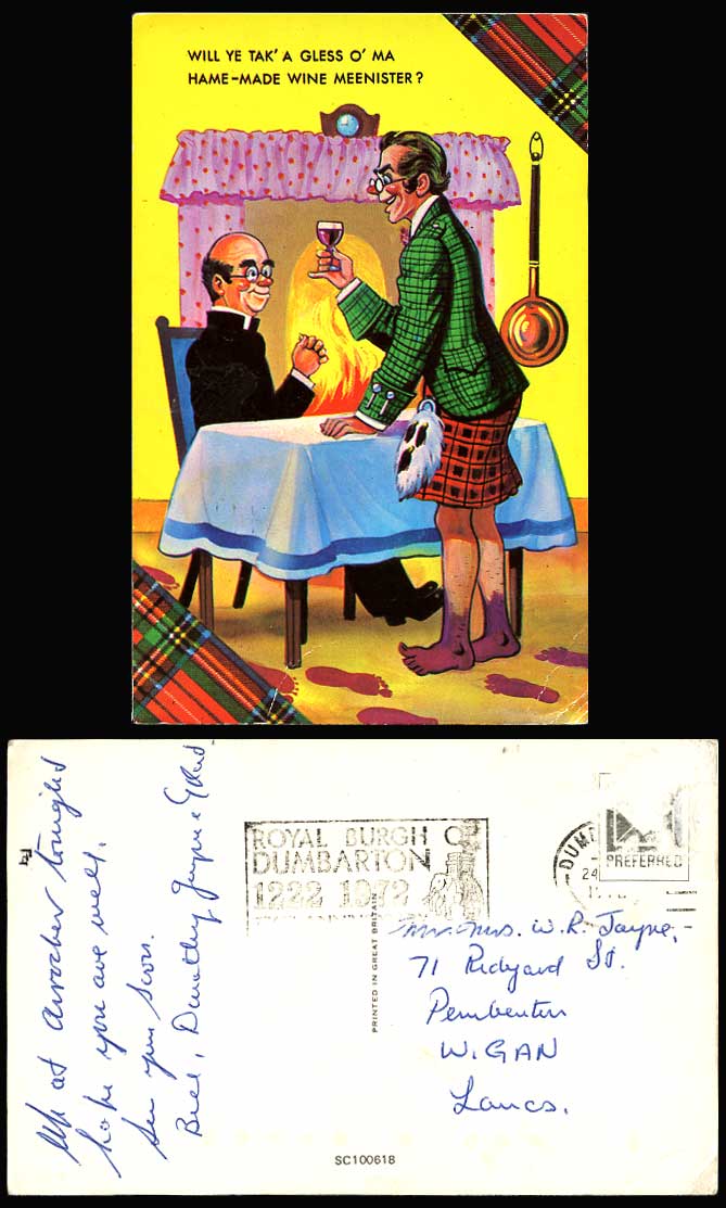 Scottish Comic, Will Ye Tak a Gless o Ma Hame-Made Wine Meenister? 1972 Postcard