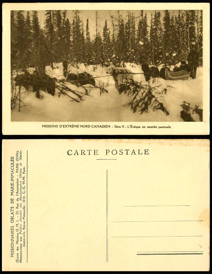 Bishop in Pastoral Tour, Dog Sled, Missions d'Extreme-Nord Canadien Old Postcard