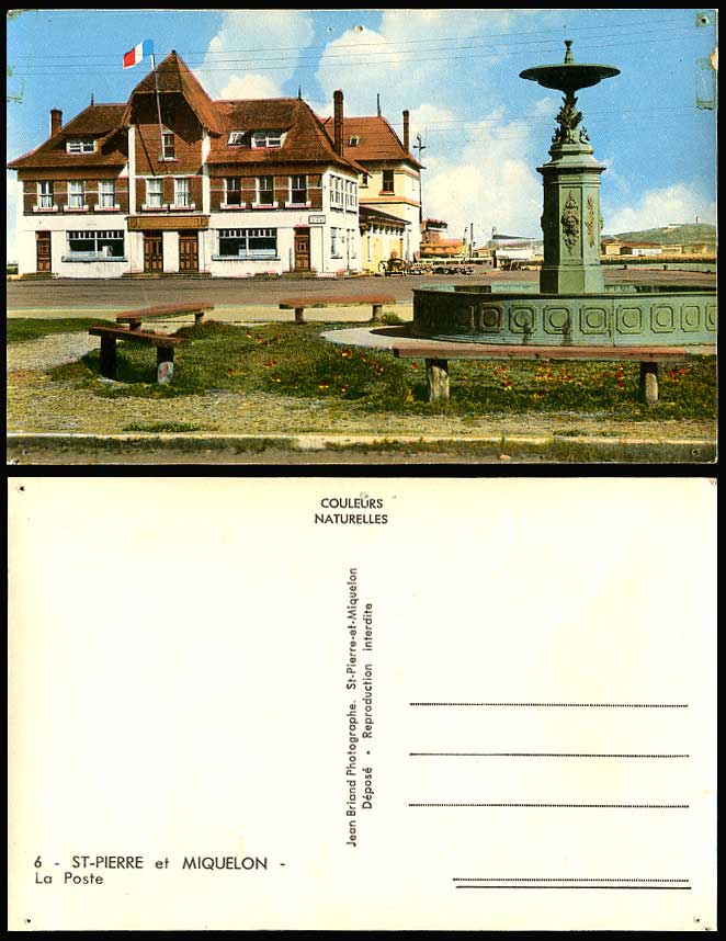 Saint Pierre et Miquelon La Poste Post Office, Fountain Flag Street Old Postcard