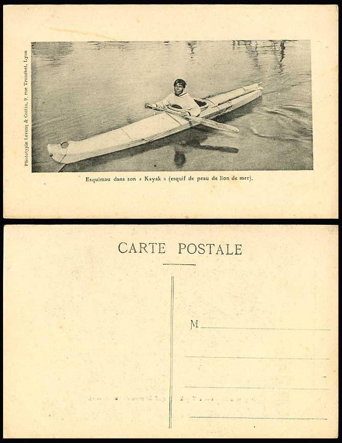 Eskimo Man in KAYAK Canoe Boat, Sea Lion Skin Sealer, Arctic Alaska Old Postcard