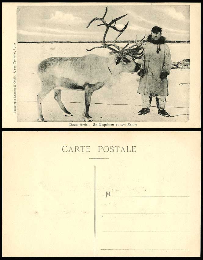 One Eskimo and His Reindeer Renne, Two Friends Arctic Circle Alaska Old Postcard