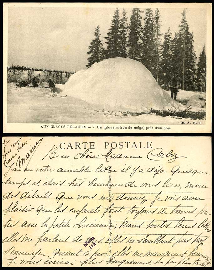 Eskimo Igloo Polar Ice Snow House near a Wood Glaces Polaires Iglou Old Postcard