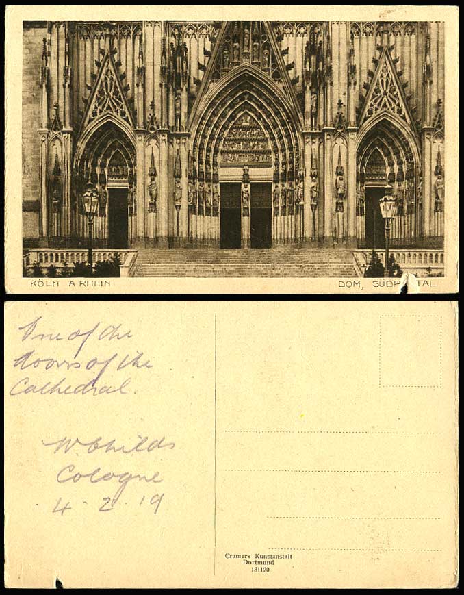 Germany Cologne Koeln a Rh Dom Sudportal Cathedral South Doors 1919 Old Postcard