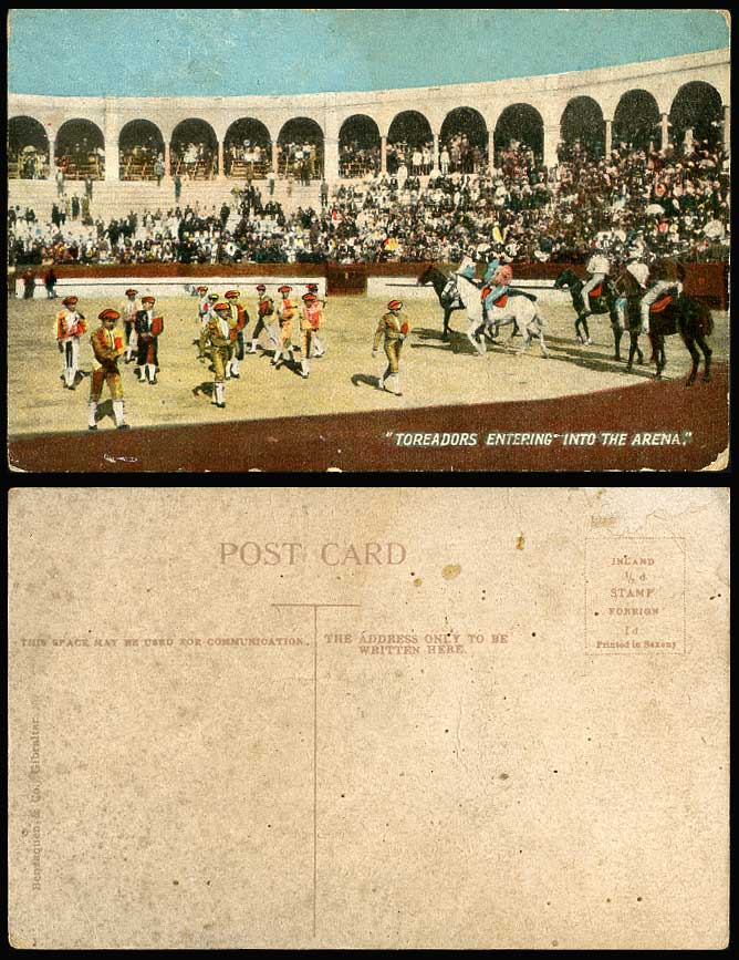 Toreadors entering Arena Bullfighters Horses Horse Riders Gibraltar Old Postcard
