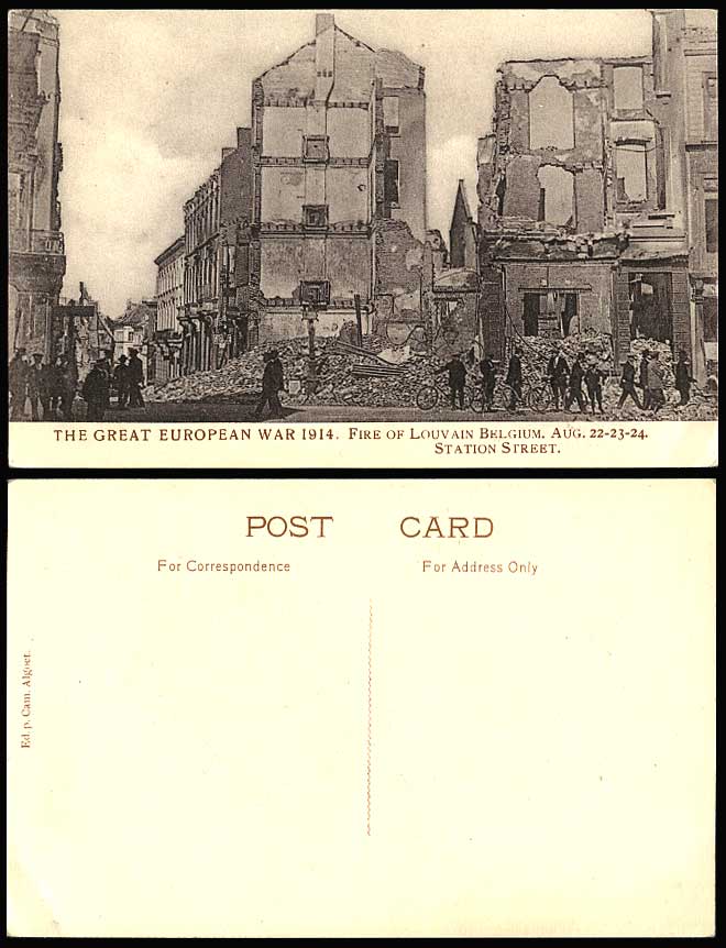 Belgium Great European War 1914 Fire Louvain Station Street Bicycle Old Postcard