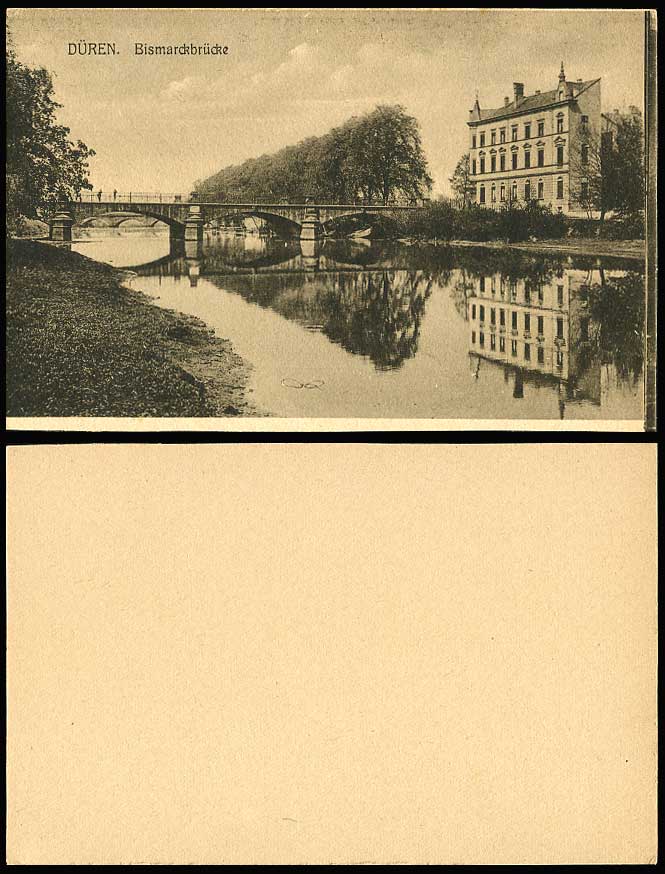 Germany DUEREN Old Postcard Bismarckbruecke Bridge River Scene Panorama Building