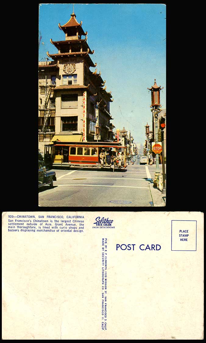 China Town Chinatown Tramcar Tram, Grant Avenue San Francisco Cal. Old Postcard