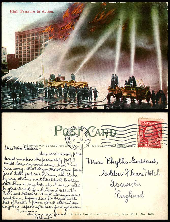 USA 1911 Old Postcard Firefighters Fire Brigate High Pressure in Action New York
