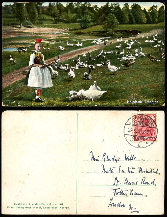 Germany Hessische Trachten Hessen Hessian Costumes Girl, Geese 1912 Old Postcard