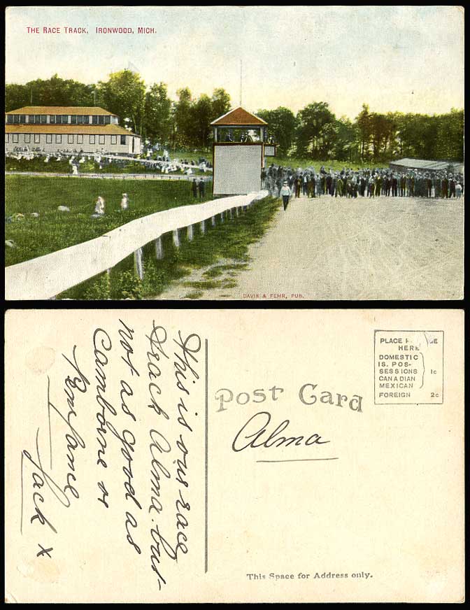 USA Old Colour Postcard The Race Trace Ironwood Mich. Michigan, Sport Sports D&F