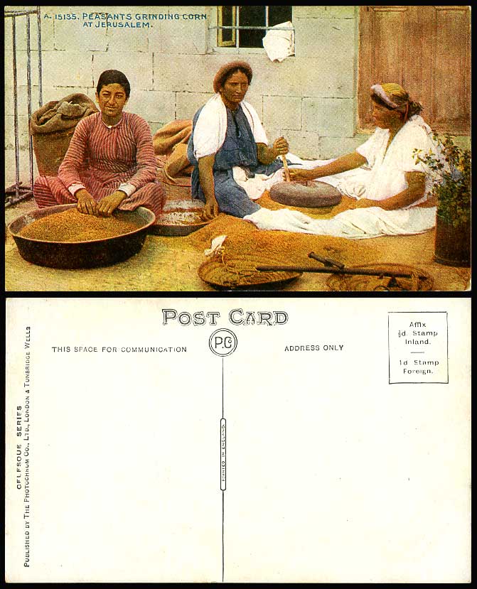 Palestine Old Colour Postcard Jerusalem Peasants Grinding Corn Women Ethnic Life