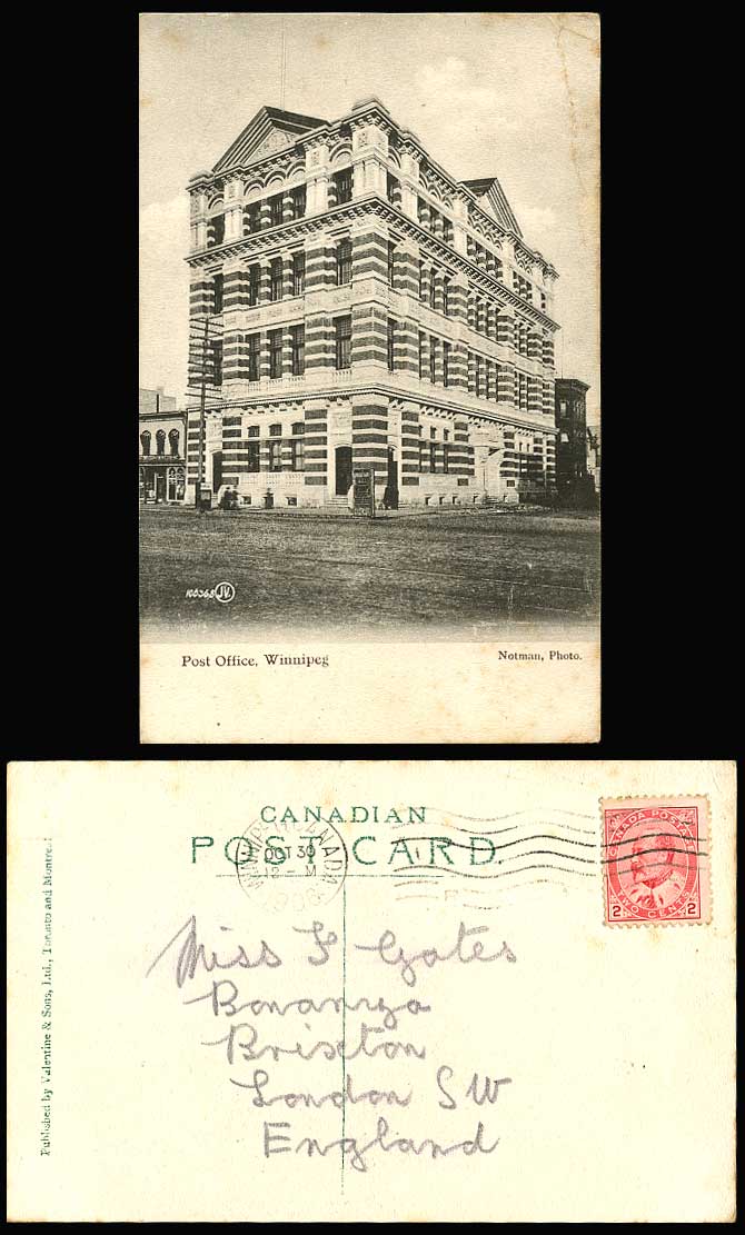 Canada 1906 Old Postcard POST OFFICE Winnipeg Street Scene Notman Photo Canadian