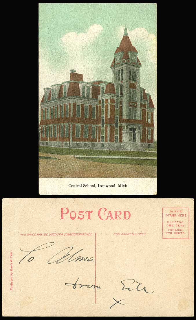 USA Old Colour Postcard Central School, Ironwood, Mich. Michigan, Clock Tower