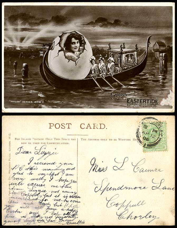 EASTER EGG Girls Rowing Oriental BOAT 1906 Old Postcard