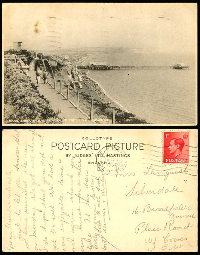 Isle of Wight 1937 Postcard SANDOWN BAY from CLIFF PATH