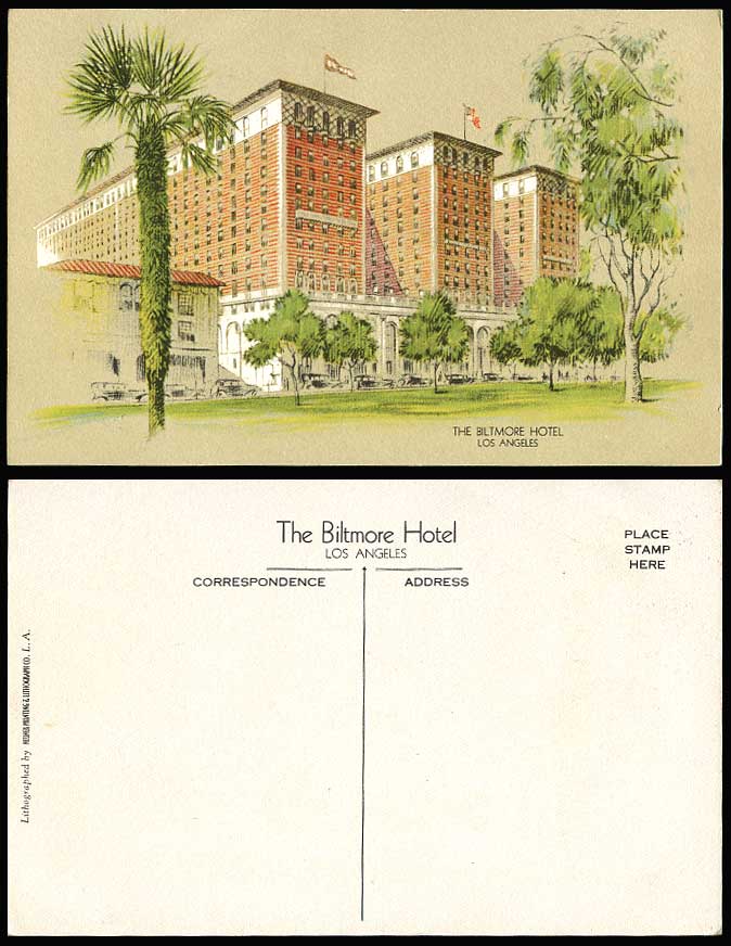 USA, THE BILTMORE HOTEL, LOS ANGELES California Artist Drawn Old Colour Postcard