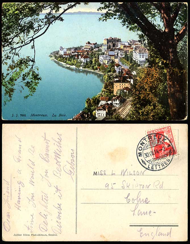 Swiss Switzerland 1914 Old Colour Postcard MONTREUX, LA BAIE, THE BAY & Panorama