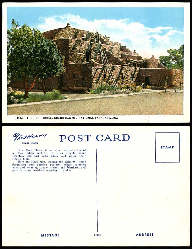 USA Old Postcard THE HOPI HOUSE Indian Pueblo Grand Canyon National Park Arizona
