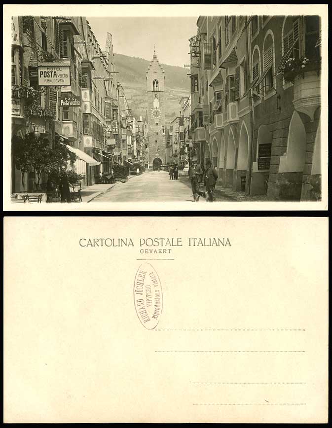 Italy Sterzing Vipiteno Old RP Postcard Zwolferturm DOG Street Scene Hotel Clock