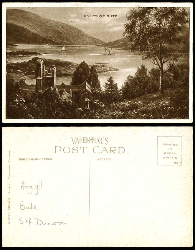 KYLES OF BUTE Lake Mountains Castle, Panorama Old Art Artist Drawn Postcard Ship