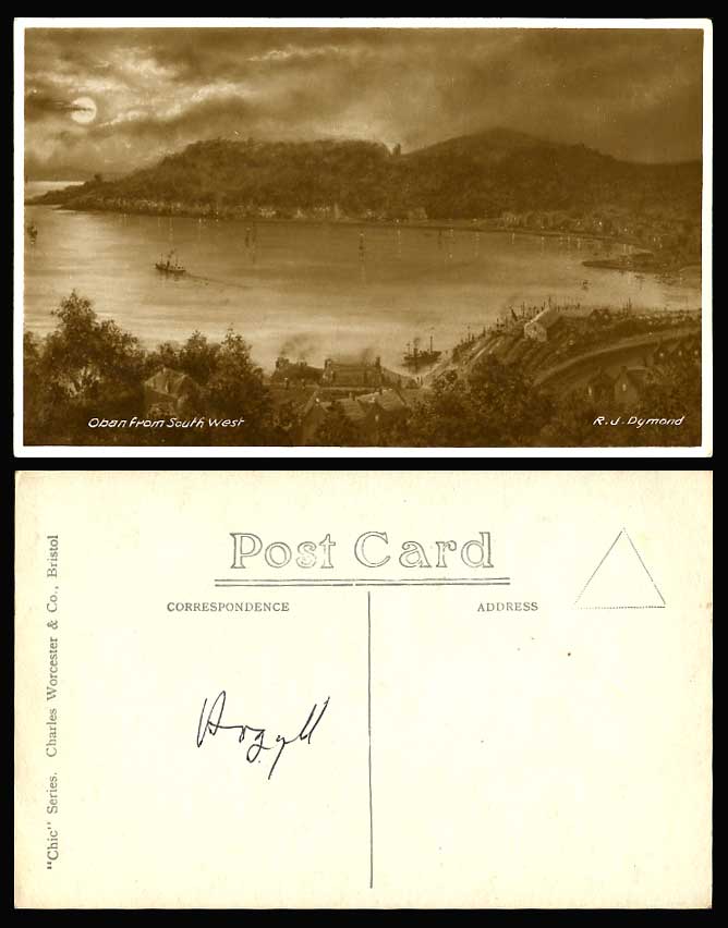 OBAN from South West Moonlight Moon R.J Dymond Art Drawn Old Real Photo Postcard