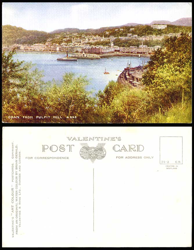 OBAN from PULPIT HILL Harbour Panorama Artist Drawn by Brian Gerald Old Postcard