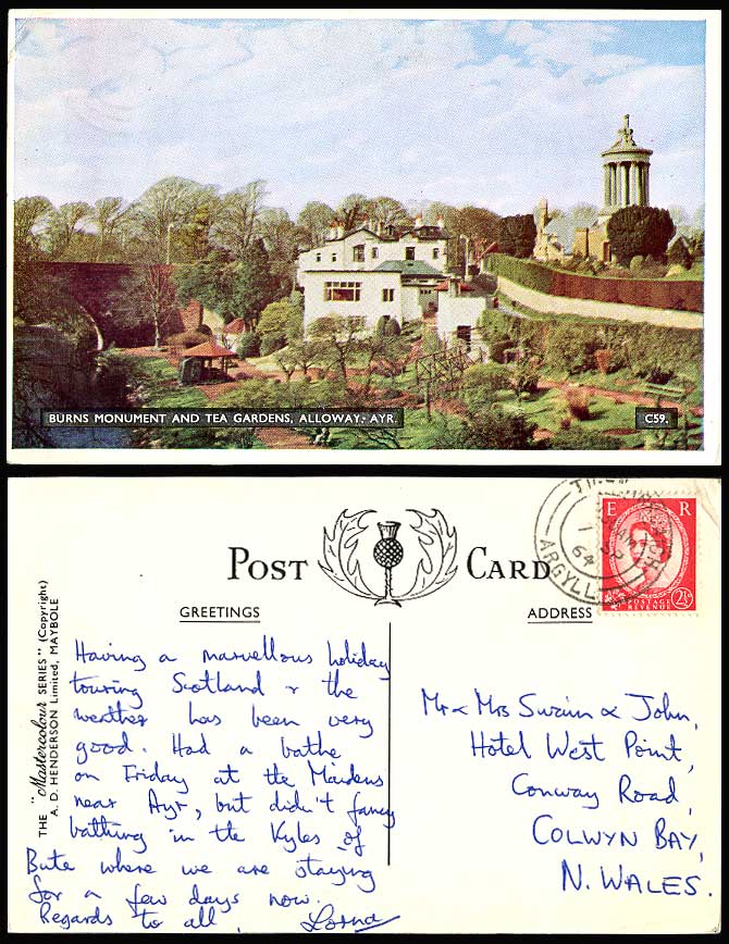 ALLOWAY AYR Burns Monument, Tea Gardens Bridge 1964 Old Colour Postcard Ayrshire