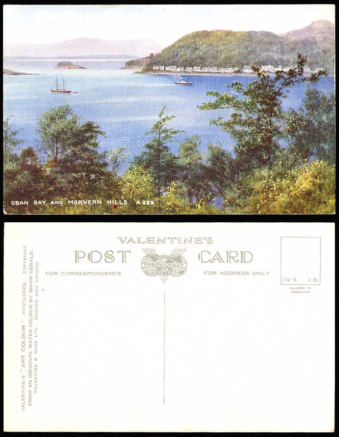 Argyllshire Old Postcard OBAN BAY & MORVERN HILLS Panorama - Artist Brian Gerald