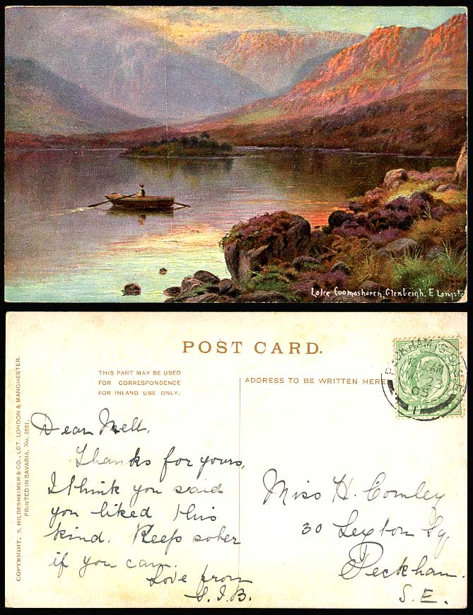 Co Kerry Glenbeigh Lake Coomasharen E Longstaffe Artist Signed 1905 Old Postcard