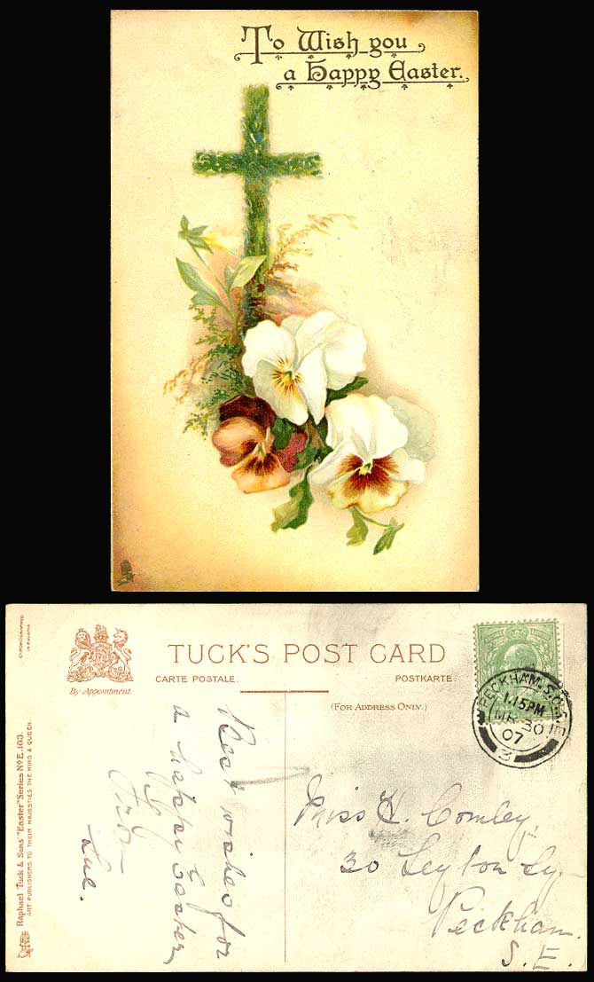 To Wish You a Happy Easter, Cross Flowers 1907 Old Postcard Tuck's Easter Series