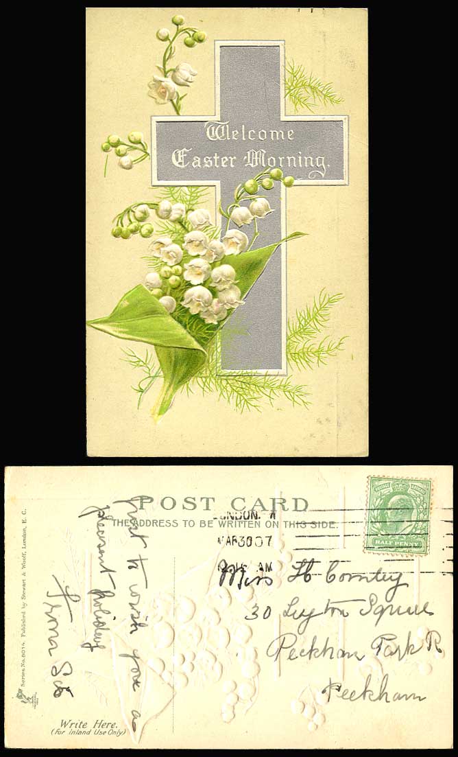Welcome Easter Morning Flowers Cross Greetings 1907 Old Embossed Colour Postcard