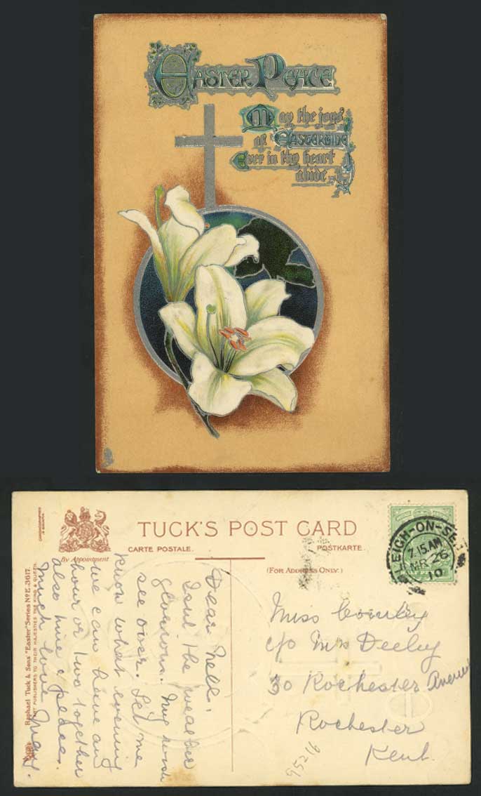 Easter Peace Cross & Flowers 1910 Old Tuck's Colour Embossed Postcard Greetings