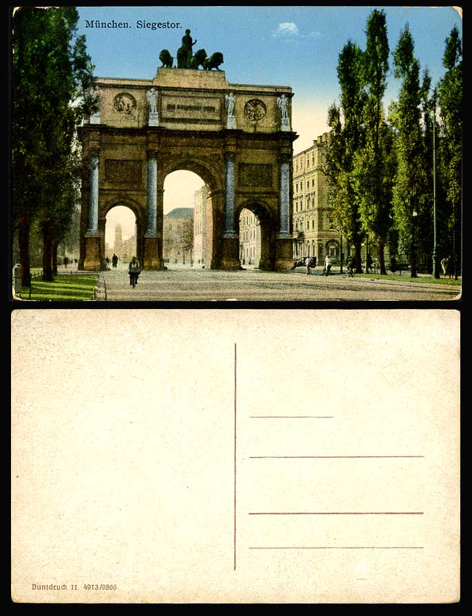 Germany Old Colour Postcard Munich Muenchen Siegestor GATE Street Scene Cyclists