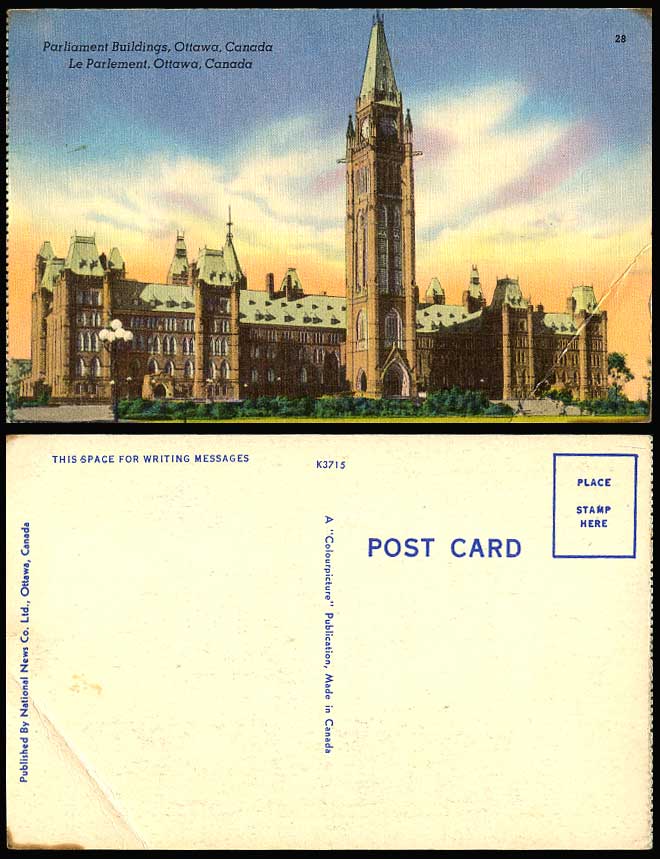 Canada Old Colour Postcard Parliament Buildings Ottawa Le Parlement, Clock Tower